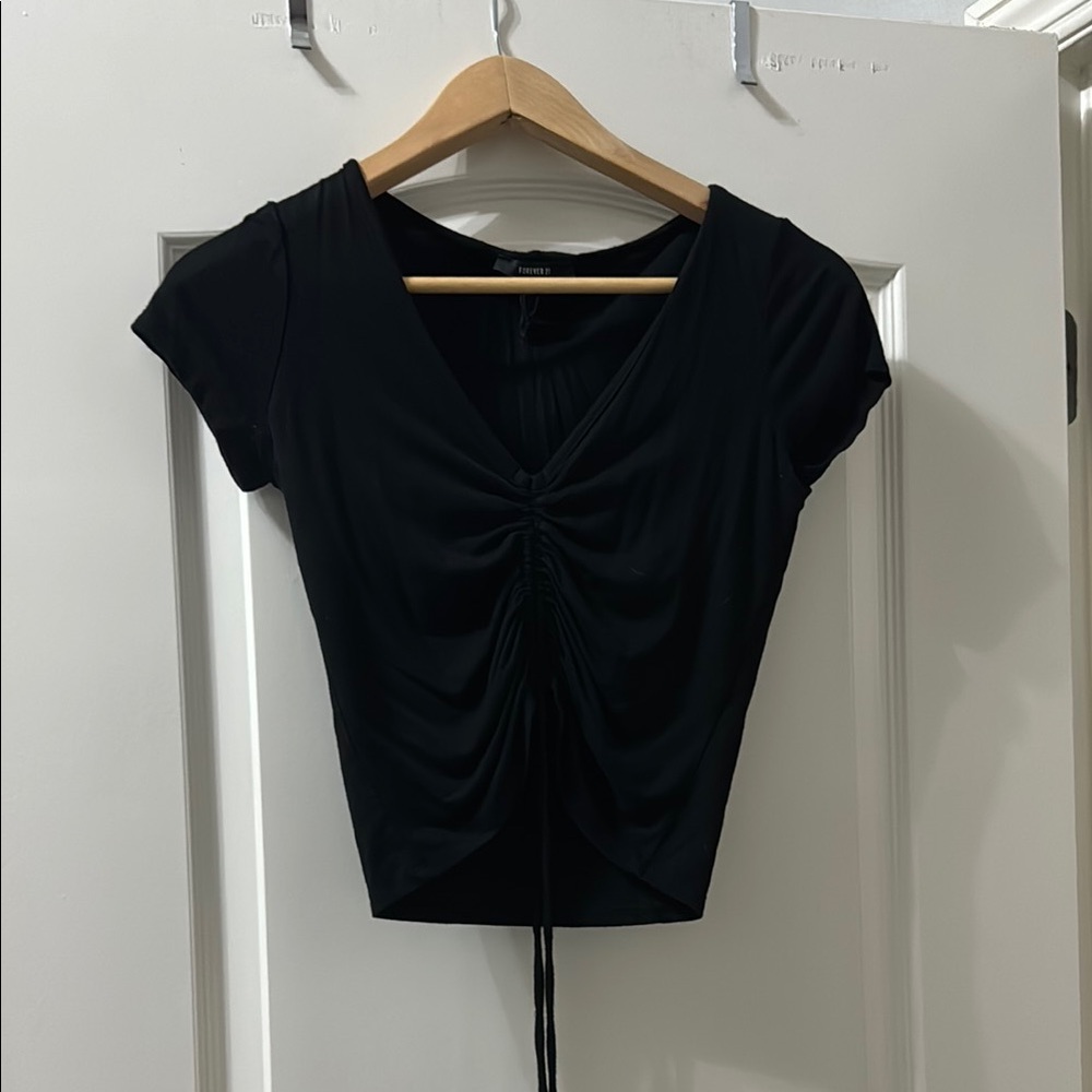 Black Ruched V-Neck Women's Top